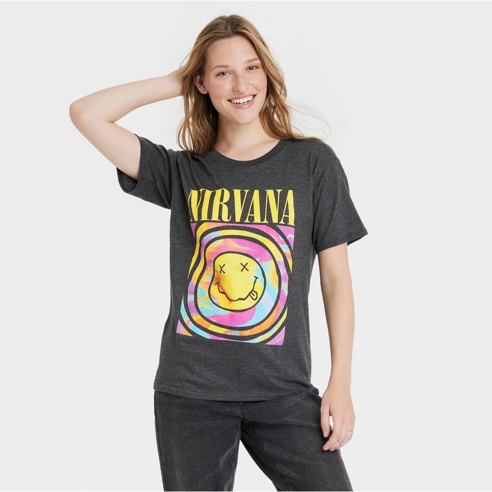 Nirvana Graphic T-Shirt Women's L Rainbow Smiley Face Logo on Black